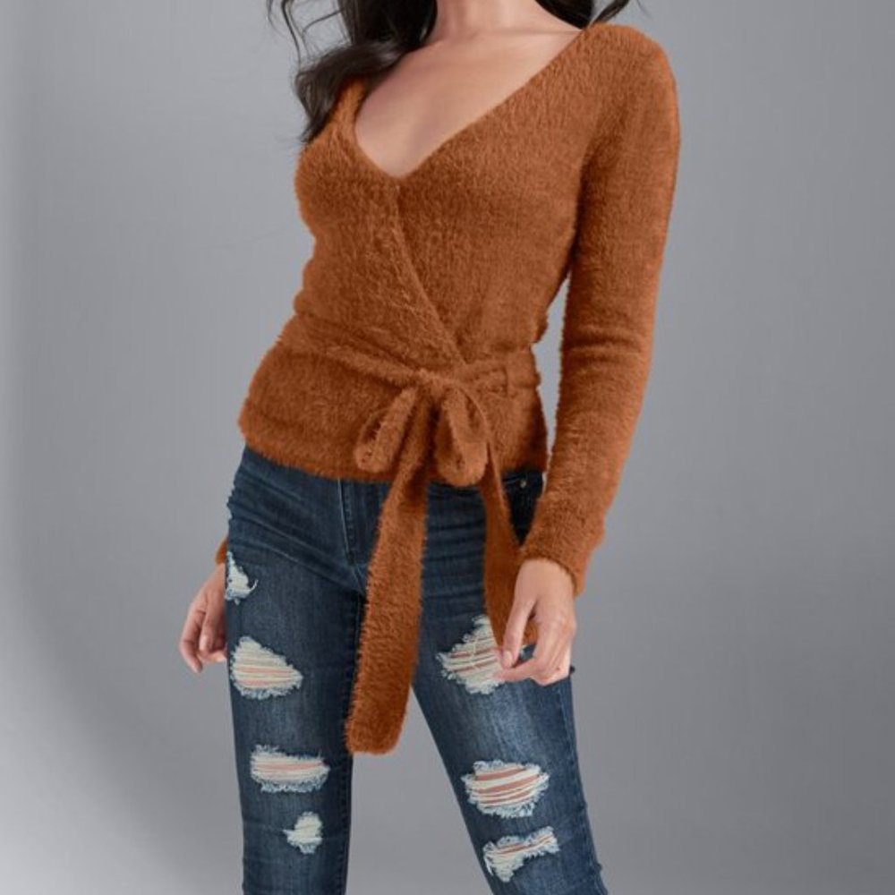 Camel Fuzzy Wrap Sweater. Tie Front, Long Sleeve. Sexy, Low Plunge V-Neck. US S